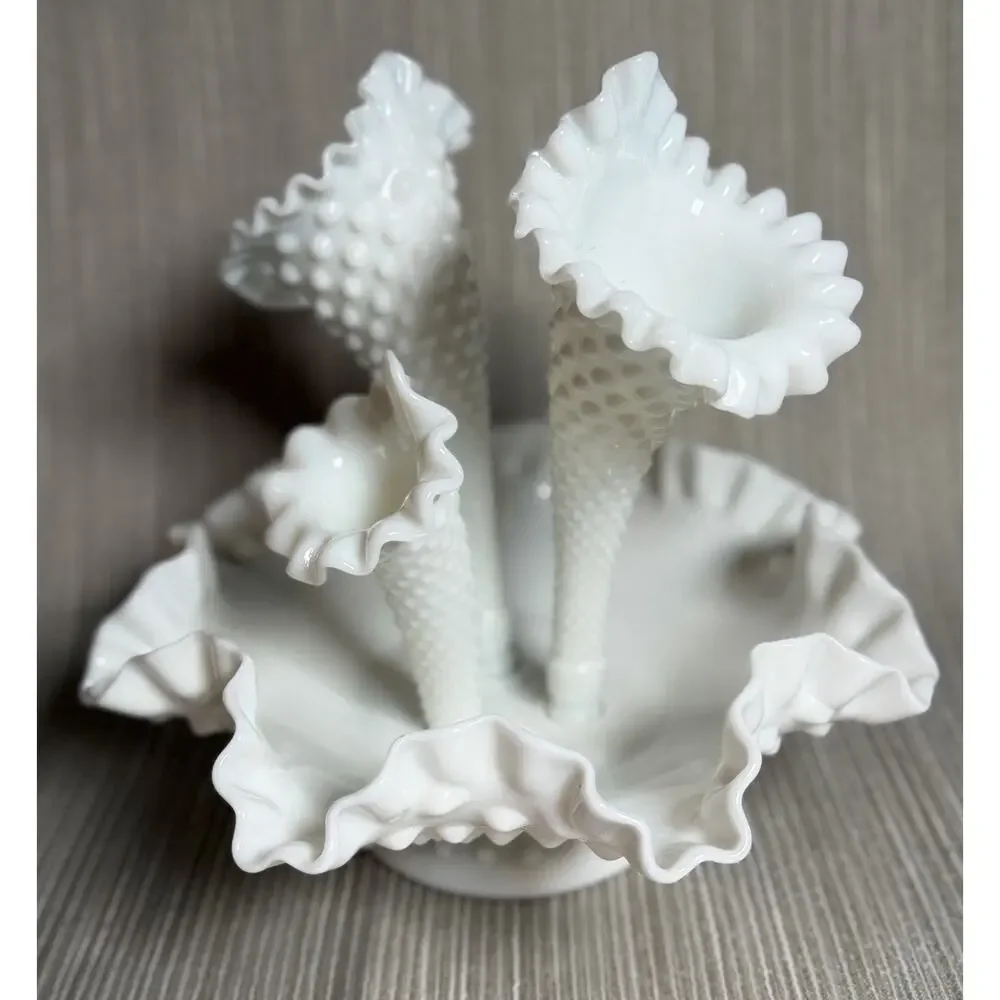 Vtg Fenton Milk Glass Hobnail 3 Horn Epergne Centerpiece Ruffled Trumpet Vase